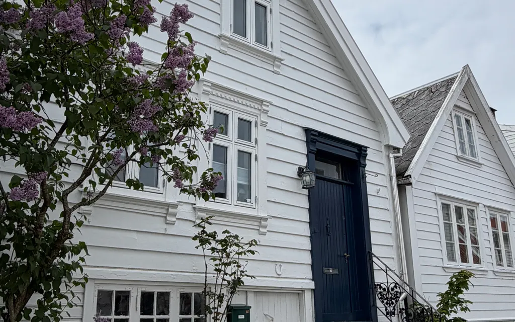 Hvite trehus i en rolig boliggate i Norge
